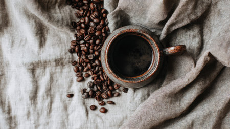 A rustic coffee scene featuring a ceramic mug filled with coffee, scattered coffee beans on a soft linen background, evoking warmth and comfort ideal for cozy moments.の素材