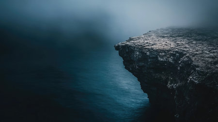 A breathtaking view of a rocky cliff edge overlooking a misty ocean, with dark waters and gentle waves creating a tranquil and atmospheric scene. Perfect for contemplative moods.の素材