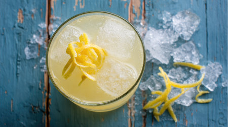 Enjoy a vibrant lemon beverage served over ice with a twist of zest, perfect for summer gatherings and refreshing moments. Bright colors and rustic charm shine.の素材