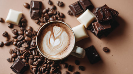 Enjoy a cozy moment with a warm cup of coffee featuring intricate latte art, surrounded by enticing chocolate pieces and aromatic coffee beans, perfect for food lovers.の素材