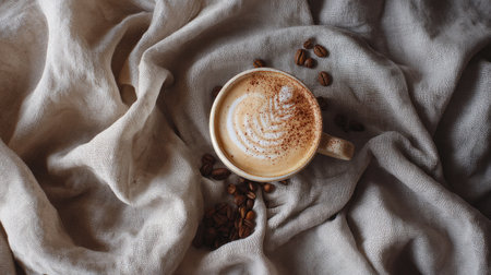 Enjoy a warm beverage moment with this styled coffee cup featuring creamy foam and cocoa, accompanied by scattered coffee beans on soft linen fabric.の素材