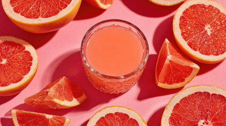 A vibrant display of pink grapefruit juice in a clear glass, surrounded by fresh grapefruit slices on a bright pink background, highlighting freshness and vitality.の素材