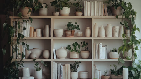 A beautifully organized shelf featuring an array of indoor plants, ceramic pots, and books, creating a serene and modern aesthetic for interior decoration.の素材