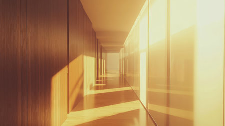 A serene office corridor bathed in soft sunlight creates a harmonious atmosphere. The warm wood accents and sleek glass panels enhance modern design elements for creative spaces.の素材