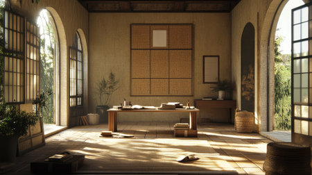 A tranquil Japanese-inspired interior showcases minimalist design and natural light. The serene space features wooden elements, inviting ambiance for relaxation and reflection.の素材