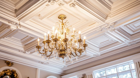 A stunning chandelier hangs gracefully from a detailed ceiling, adding a touch of elegance and sophistication to a luxurious interior space, perfect for high-end dの素材
