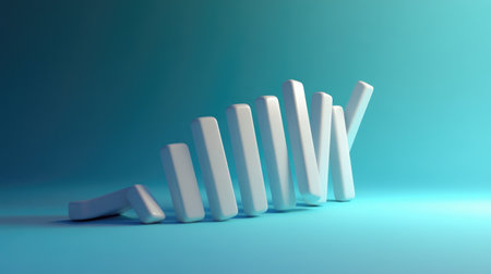 A captivating image of curved white dominos arranged in a fluid wave shape against a soft blue background, perfect for modern design and creativity.の素材