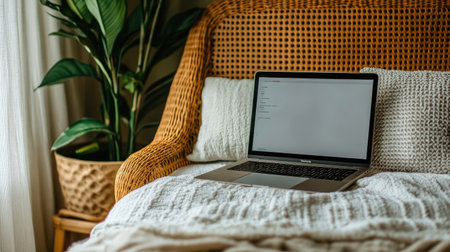 A warm and inviting workspace scene featuring a laptop on a fuzzy knit blanket draped across a comfortable couch, complemented by a vibrant indoor plant and soft cushions.の素材