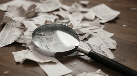 A close-up view of a magnifying glass placed over shredded paper documents scattered on a wooden table, symbolizing investigation, curiosity, and detailed analysis.の素材