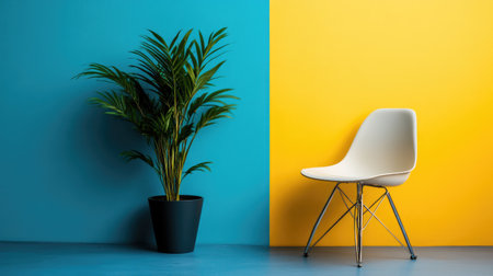 Explore a vibrant minimalist interior featuring a stylish chair and a lush potted plant against bold blue and yellow walls, perfect for modern decor inspiration.の素材