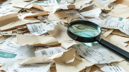 A magnifying glass rests on a chaotic pile of torn paper documents, featuring handwritten notes and old receipts, creating a scene of investigation and analysis.の素材