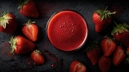 A vibrant glass of fresh strawberry juice surrounded by ripe strawberries, showcasing a rich red color on a dark slate background, ideal for healthy recipes.の素材