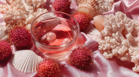 A visually striking arrangement featuring a glass bowl with pearls on soft pink satin. Surrounded by seashells and coral, this composition exudes elegance and tranquility.の素材
