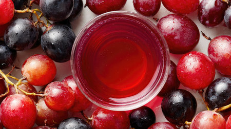 A small glass bowl filled with grape juice is nestled among fresh red and black grapes. The vibrant colors and glistening textures create a refreshing and healthy image.の素材