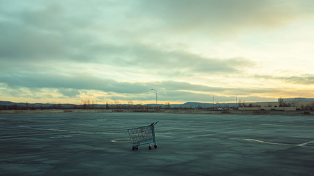 A solitary shopping cart rests in a vast, empty parking lot beneath a dramatic sky at dusk, creating a poignant scene of abandonment and tranquility.の素材