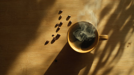 A warm cup of coffee sits on a wooden surface, steam rising from the drink with a tea bag added, showcasing a comforting morning ritual and aromatic experience.の素材
