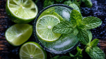 This captivating image showcases a mojito drink garnished with fresh lime slices and mint leaves, perfect for summer gatherings. Enjoy a refreshing sip!の素材