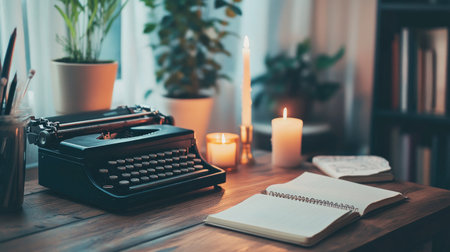 A serene workspace featuring a vintage typewriter, candles, and plants set on a wooden desk, perfect for inspiring creativity and writing in a tranquil atmosphere.の素材