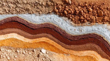 This image showcases a detailed cross-section of earth layers, illustrating various soil textures and colors ideal for geological studies and environmental education.の素材