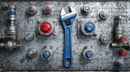 This image features an adjustable wrench prominently displayed on a textured metallic background, surrounded by various industrial fittings and valves, highlighting maintenance and repair themes.の素材