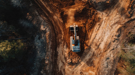 Aerial image showcasing an excavator at work on a construction site, surrounded by dirt and trees. This heavy machinery engages in earth-moving activities essential for development.の素材