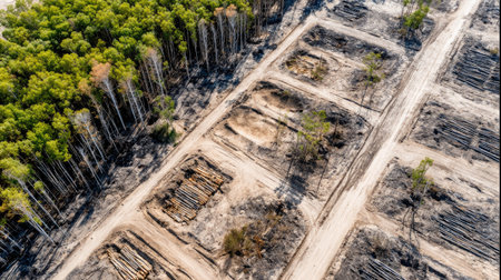 Aerial perspective highlighting a deforested area with stacks of timber amidst burnt land. Green tree cover indicates potential recovery, showcasing environmental impact.の素材