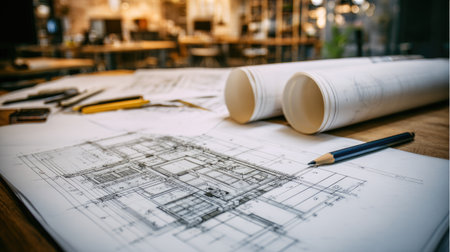 A detailed architectural blueprint lies on a table featuring an array of drafting tools, showcasing modern design processes in a creative workspace environment.の素材
