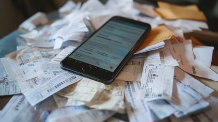 A disorganized desk filled with receipts and paperwork surrounds a smartphone, illustrating the hectic nature of managing financial tasks in everyday life.の素材