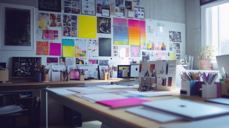 Bright and inviting creative workspace featuring colorful wall art and a well-organized desk, perfect for designers and artists seeking inspiration in a modern office.の素材