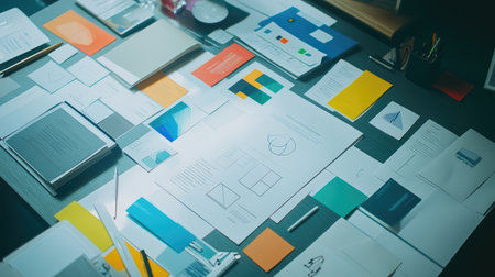 A vibrant creative workspace featuring colorful papers, design documents, and artistic tools, ideal for inspiring graphic design and innovative projects.の素材