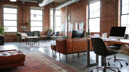 This image showcases a modern office space featuring industrial brick walls, stylish furniture, and plenty of natural light, ideal for creativity and productivity.の素材