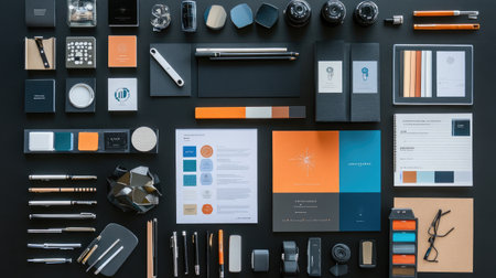 A beautifully arranged flat lay featuring various stationery and office supplies, showcasing color palettes and design elements, perfect for branding inspiration and workspace ideas.の素材
