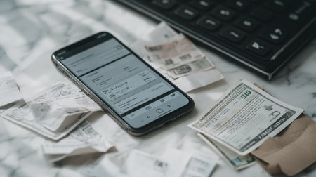 A smartphone showing an expense tracking app on a marble surface, surrounded by receipts and cash, ideal for visualizing modern financial management concepts.の素材