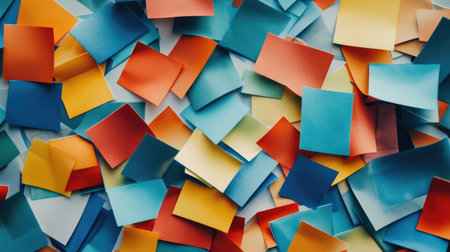 Overhead view showcasing a vibrant mix of colorful sticky notes scattered across a surface. Perfect for illustrating creativity, brainstorming sessions, or office organization concepts.の素材