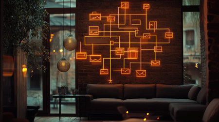 A stylish modern living room showcases glowing network art on a brick wall, creating a cozy atmosphere with warm lighting and contemporary furniture for design enthusiasts.の素材