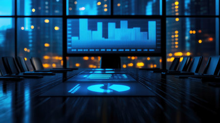 A sleek modern conference room featuring a large screen with data visualizations and charts. The urban night backdrop highlights a professional atmosphere ideal for meetings.の素材