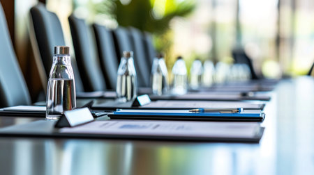 A sleek and modern conference room features a polished table set with water bottles and stationery, designed for effective meetings with ample natural light.の素材