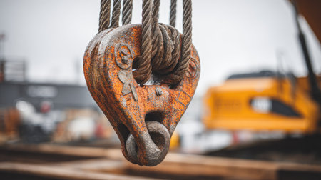 Close-up image of a rusty pulley used in construction, showcasing detailed textures and industrial wear, with machinery blurred in the background to emphasize the working environment.の素材