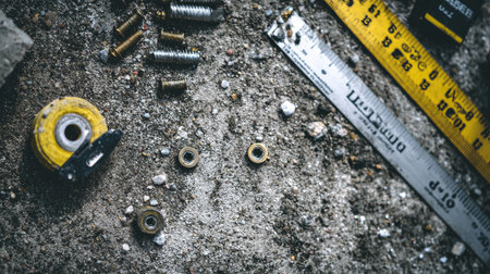 This image captures an overhead view of various tools, fasteners, and measuring tape arranged on a rough surface, showcasing the essence of DIY and construction work.の素材