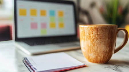 A warm and inviting workspace featuring a coffee mug, notepad, and laptop, perfect for promoting productivity and creativity in a stylish, modern setting.の素材