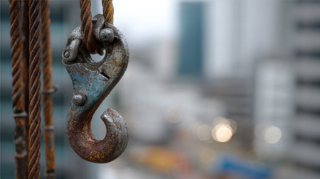 A close-up image showcasing a rusty metal hook hanging from a rope, with a blurred urban background that emphasizes construction and industrial themes in action.の素材