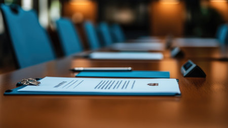 A modern conference setup showcasing organized notebooks and pens on a wooden table. The scene captures a professional atmosphere ideal for meetings and presentations.の素材