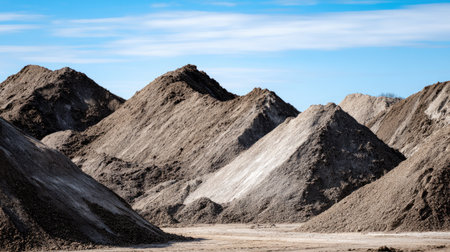 This photograph captures impressive mounds of soil in an open landscape, highlighting natural textures and earthy tones against a serene blue sky.の素材