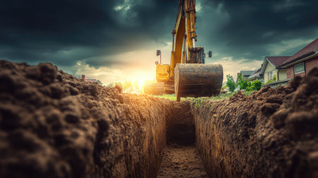 A detailed view of an excavator digging a deep trench at a construction site, highlighted by dramatic clouds and sunlight illuminating a neighborhood backdrop.の素材