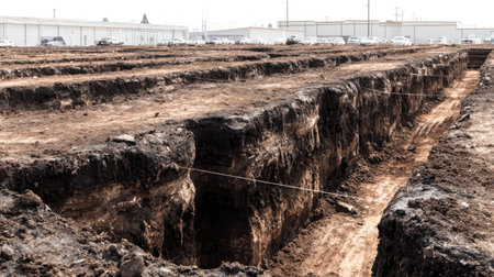 Deep trenches characterize this excavation site, revealing the process of construction work. The setting is marked by dry soil, bright sunlight, and urban surroundings.の素材