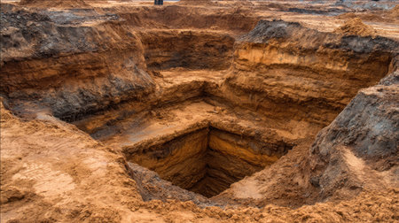 A deep excavation site showcasing a square pit filled with soil and rock layers, indicating an ongoing construction project or geological exploration activity.の素材