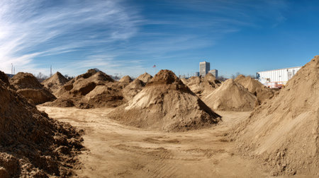 A panoramic view of a construction site filled with large mounds of sand and dirt under a vibrant blue sky, highlighting the urban backdrop of nearby buildings.の素材