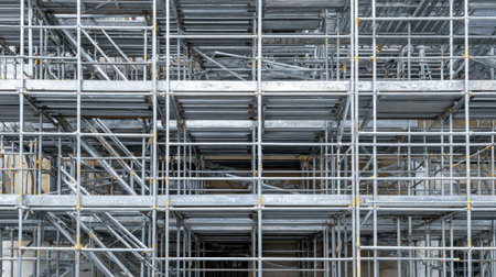 This image captures a detailed view of a complex scaffolding structure at a construction site, emphasizing the metal framework and safety features essential for urban projects.の素材