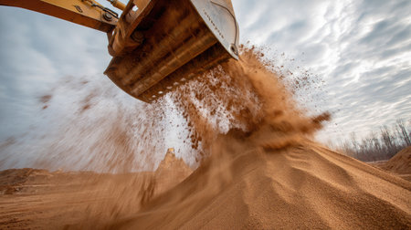A powerful loader captures sand from a construction site, creating an impressive display of motion as dirt rises into the air under a cloudy sky.の素材