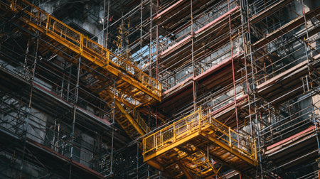Close-up view of a construction site displaying intricate scaffolding systems and elevators. The image highlights the industrial workspace, focus on safety, and construction processes.の素材